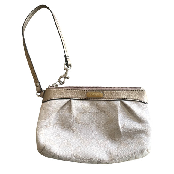 Coach Handbags - COACH Signature Metallic Khaki Gold Pleated Leather Top Zip Wristlet Bag Logo